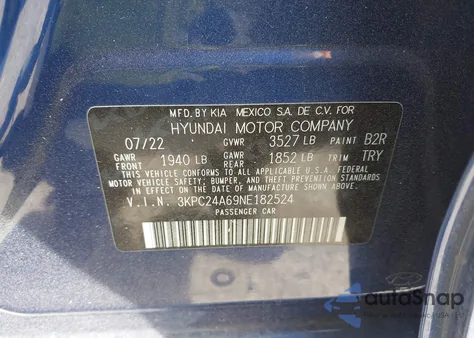 2022 Hyundai Accent Se z USA, uszkodzony, nr VIN 3KPC24A69NE182524